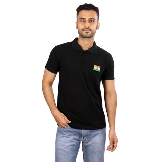 Black Polo T-Shirt with Embroidered Indian Flag