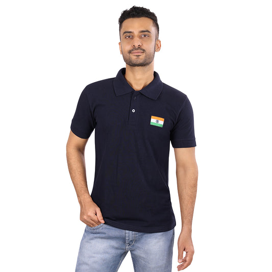 Navy Blue Polo T-Shirt with Embroidered Indian Flag