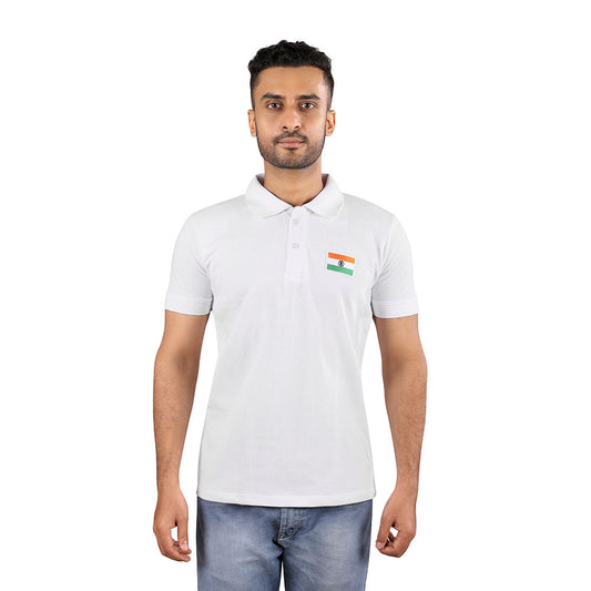 White Polo T-Shirt with Embroidered Indian Flag