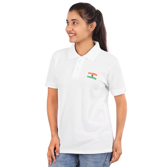 White Polo T-Shirt with Embroidered Indian Flag