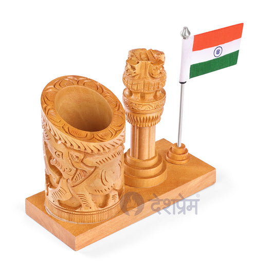 Ashok Stambh With Wooden Pen Holder And Indian Flag
