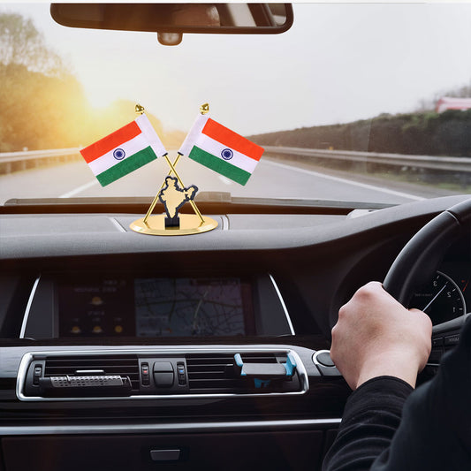 Indian National Flag Cross with India Map for Car Dashboard