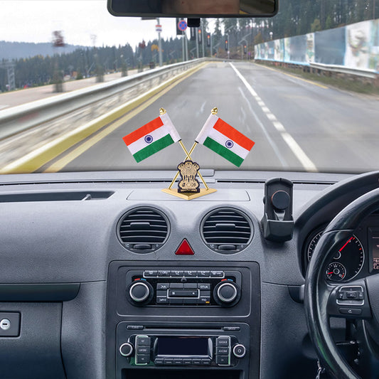 Indian Flag Triangle with Satyamev Jayate Symbol for Car Dashboard