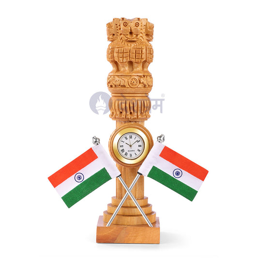 Wooden Ashoka Stambh with Clock and Indian Flag Showpiece
