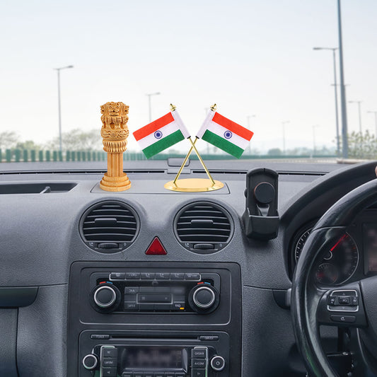 Wooden Ashok Stambh and Indian Flag Combo For Car Dashboard